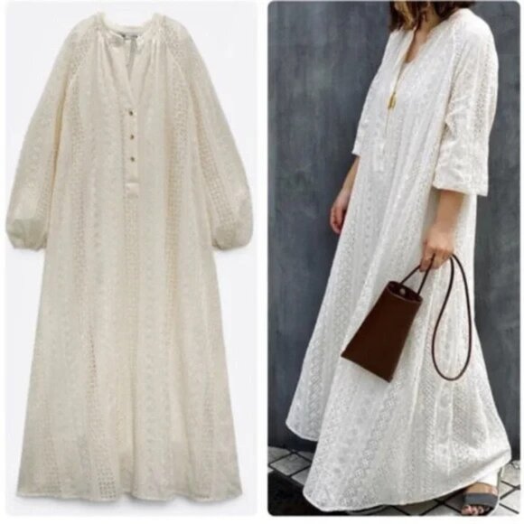 Zara Eyelet Detail Long Sleeve Midi Maxi Dress S - Picture 1 of 9
